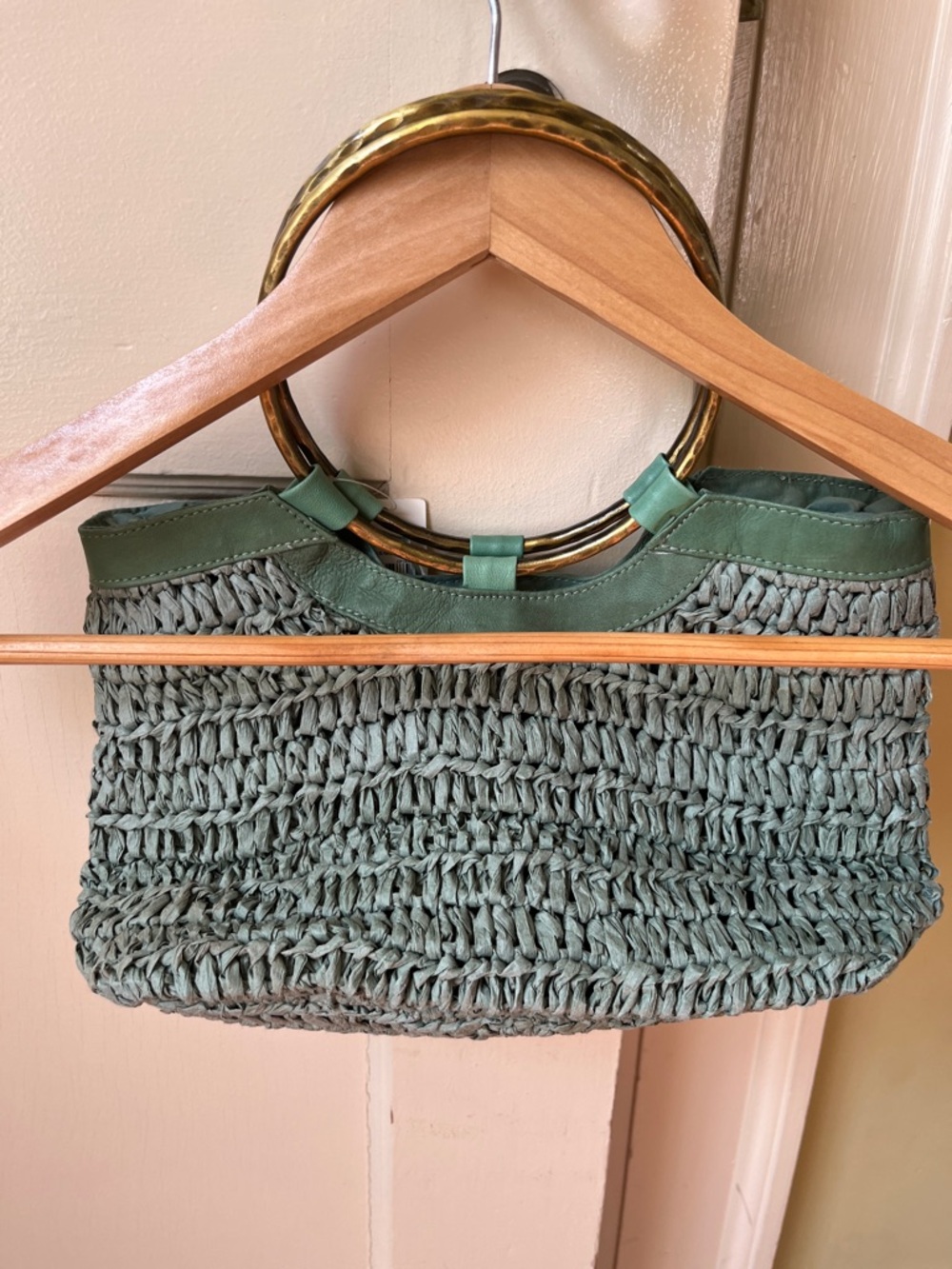 NWT Anthropologie Mint Green Woven Fringe Tote with Gold Ring Handles - Picture 5 of 5